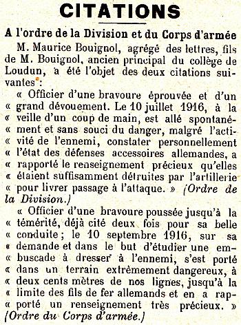 BOUIGNOL Maurice Citation Journal De Loudun 12 11 1916